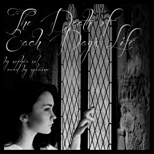 cover of podfic. A black-and-white image of a young woman gazing out of a castle window with the title, author and reader superimposed.