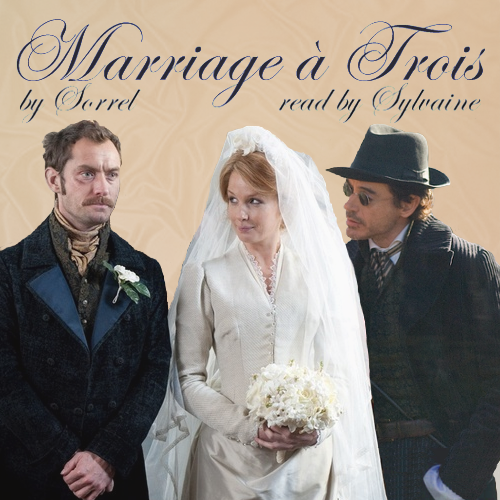 Mary Morstan in a wedding dress, standing between besuited John Watson and Sherlock Holmes.