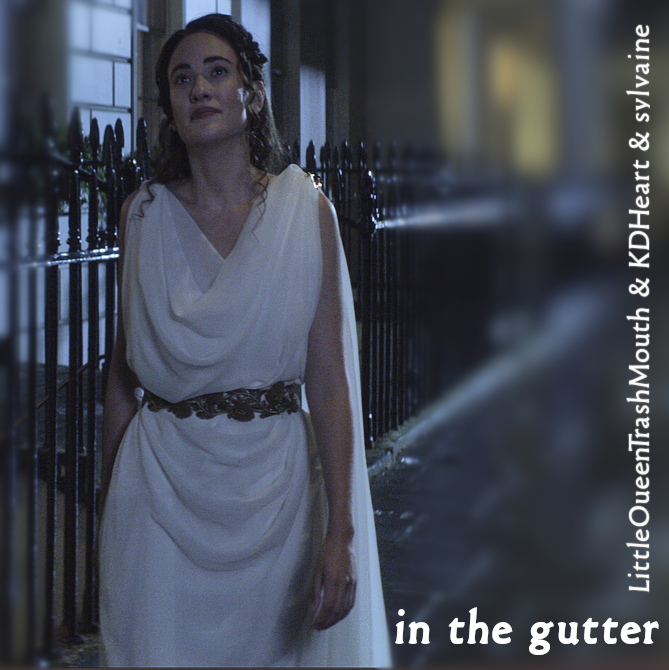 cover of in the gutter: Calliope wandering the streets with a small smile on her face.
