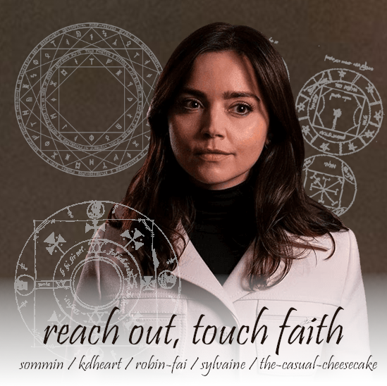 cover of reach out, touch faith: modern Joanna Constantine surrounded by esoteric symbols, like the 'woman trying to do maths' meme.